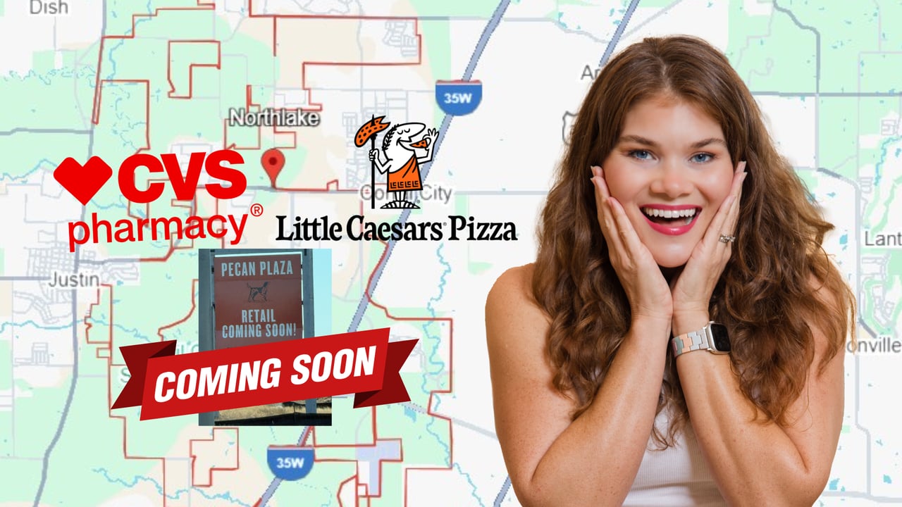 Pecan Plaza Northlake with confirmed tenants CVS Pharmacy and Little Caesars Pizza opening Spring 2026