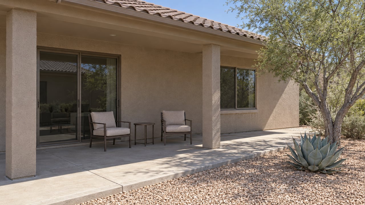 Taupe single-story home with a shaded concrete patio, bronze sliding doors and chairs beside an ironwood tree and blue-gray agave in gravel.