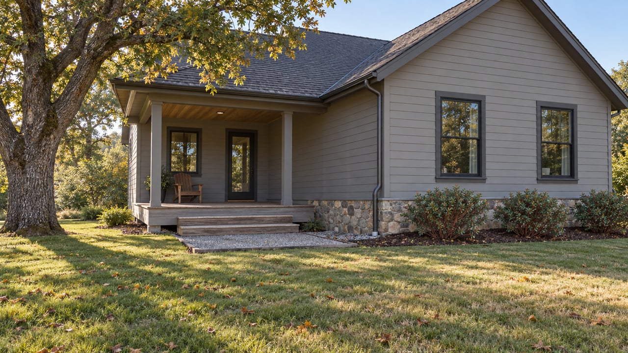 Gray house with a covered porch and stone foundation beneath a mature autumn tree.