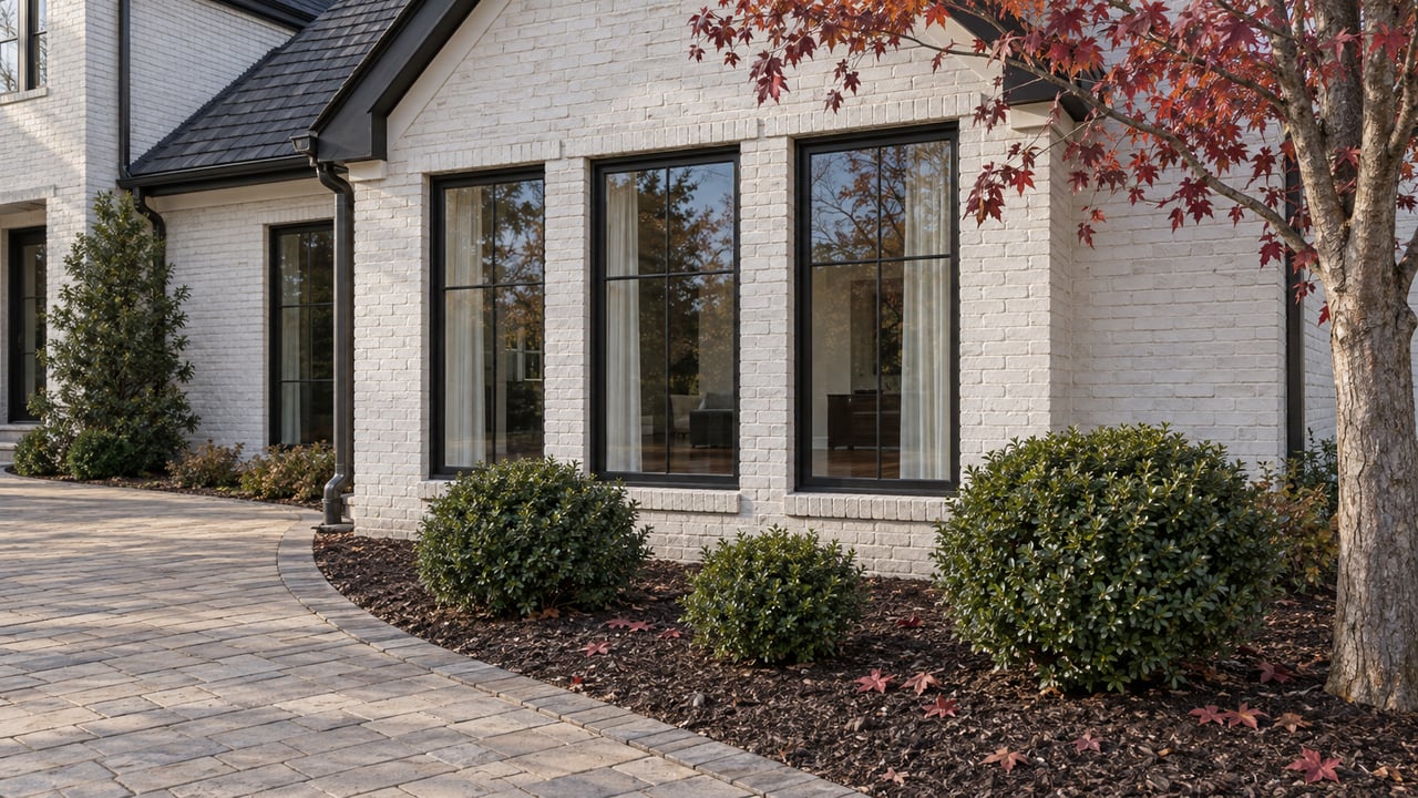 White-painted brick gabled window bay with black-framed windows, a curved stone approach and burgundy autumn maple leaves.
