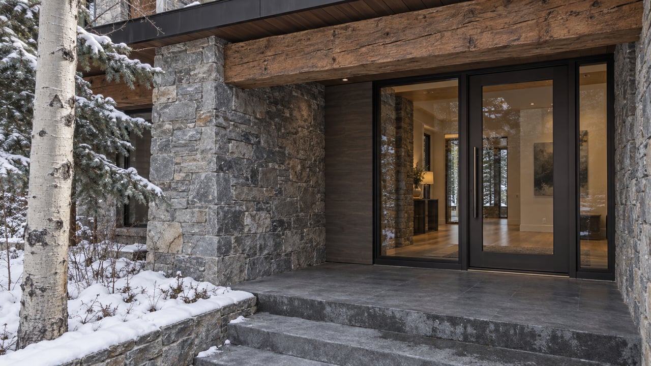 Snow-edged stone steps lead to a sheltered glass entrance framed by weathered timber and gray stone, beside an aspen trunk.