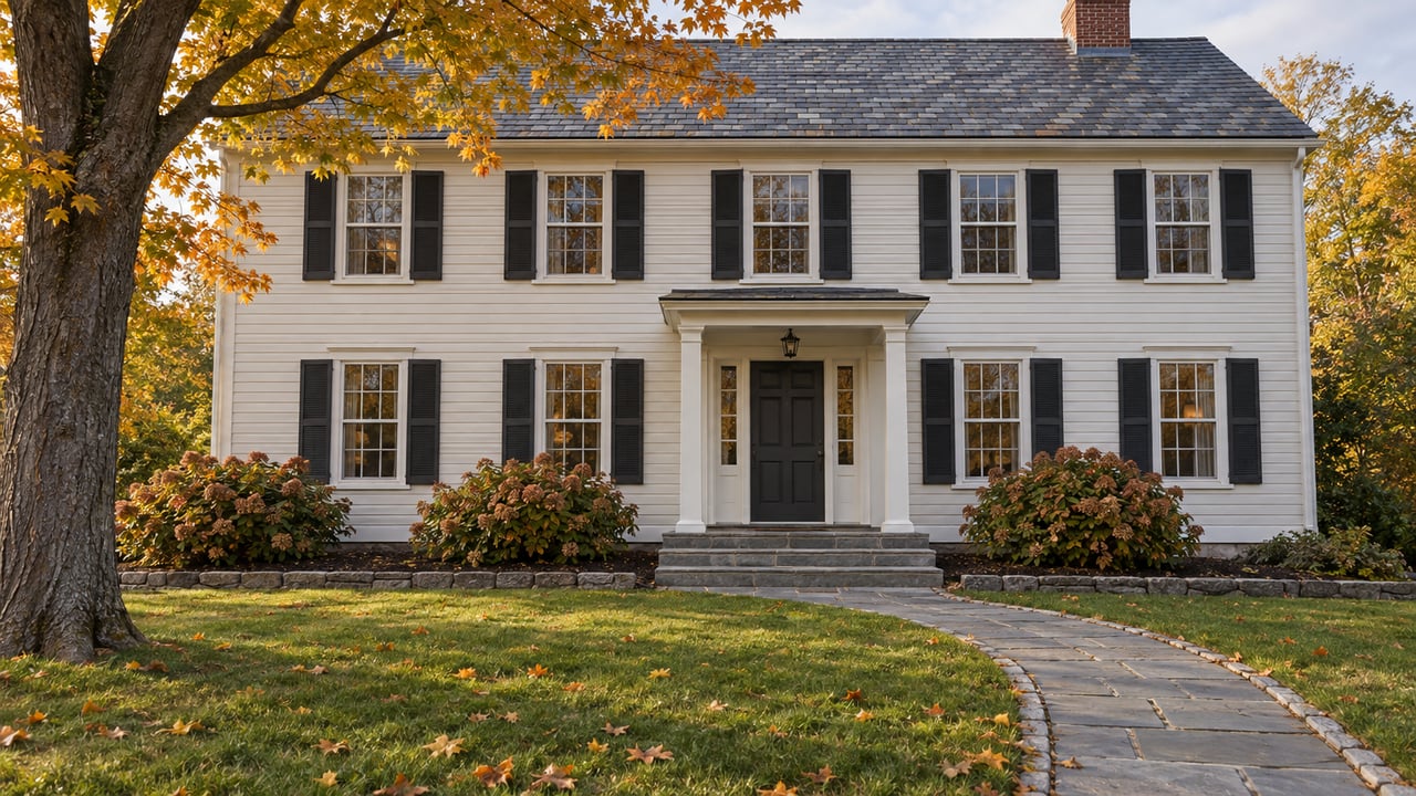 Ivory clapboard home with dark shutters, a stone approach, and an amber-leaved maple above a deep autumn lawn.