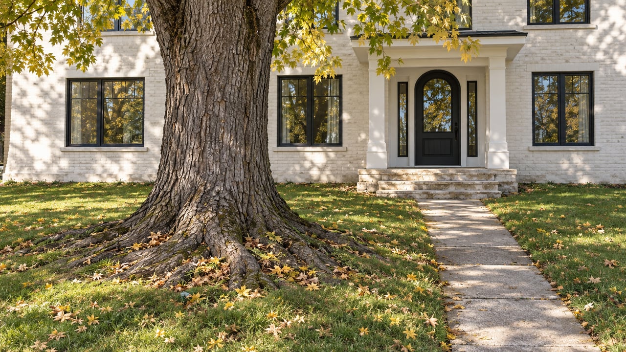 Mature silver maple with exposed roots in a front lawn beside a two-story house and concrete walkway.