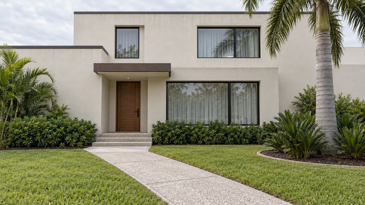 Contemporary white-stucco home with dark-framed windows, a shell-aggregate entry walk and a mature palm in a planted garden.