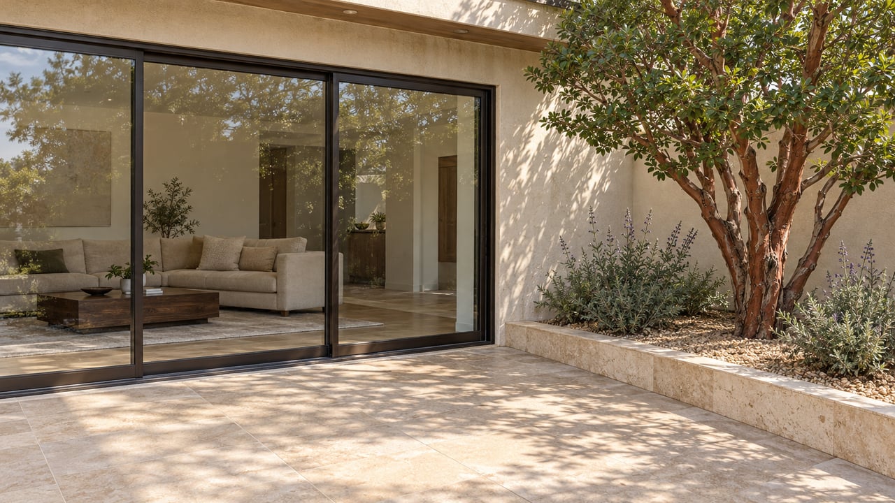Cream stucco courtyard with bronze-framed glass doors, pale paving, and a strawberry tree beside a softly furnished living room.