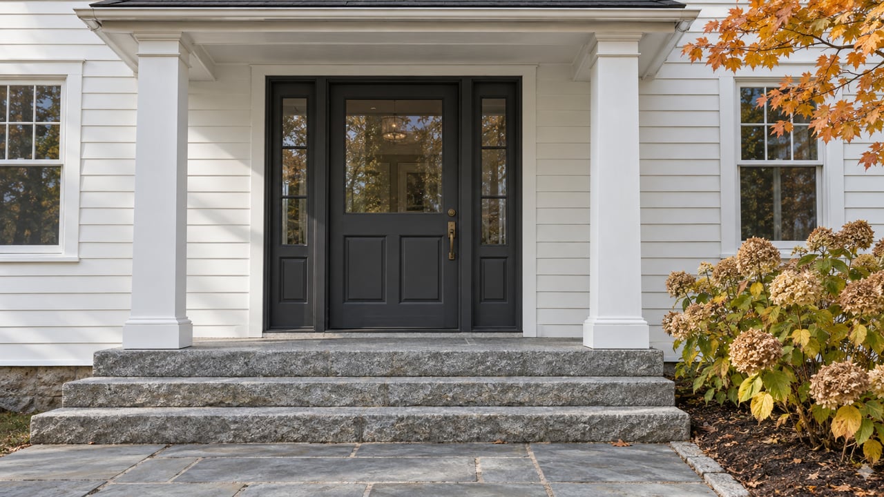 White clapboard home entrance with a charcoal door, matching glazed sidelights, granite steps and dried hydrangea flowers in autumn light.