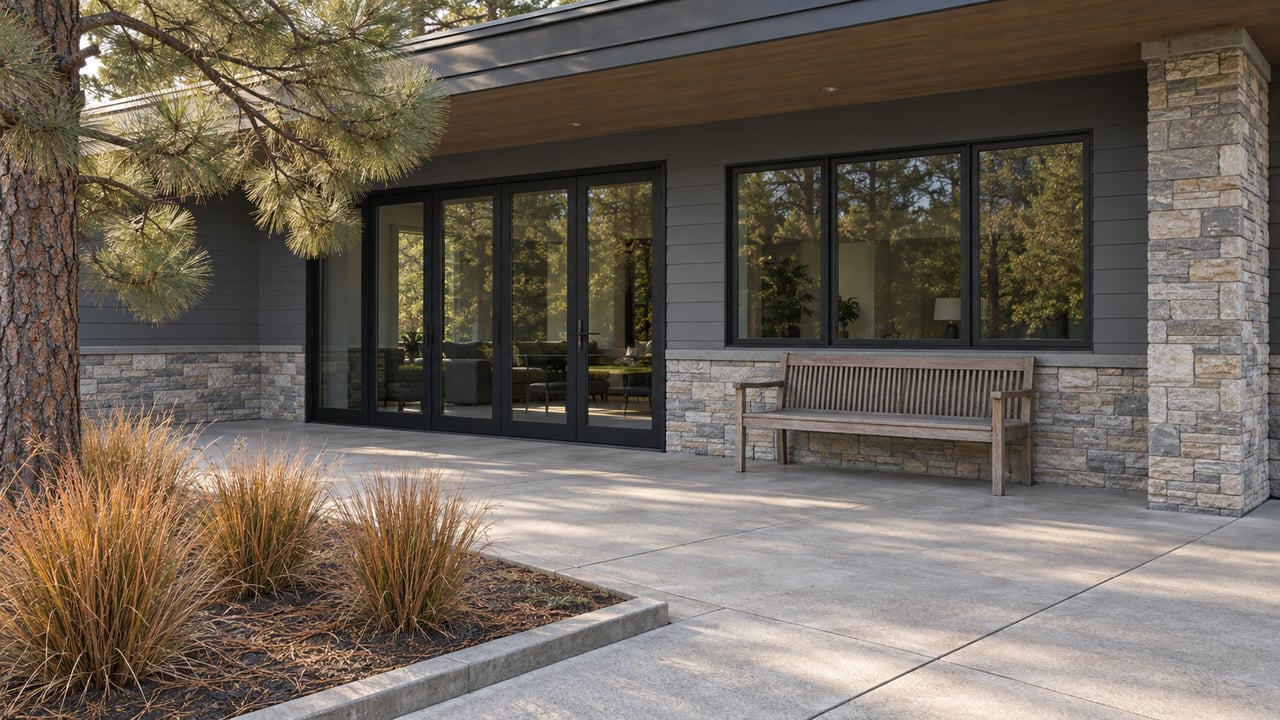 Covered terrace beside a gray-sided contemporary home, with black-framed glazing, stacked stone, a weathered teak bench and bronze ornamental grasses.