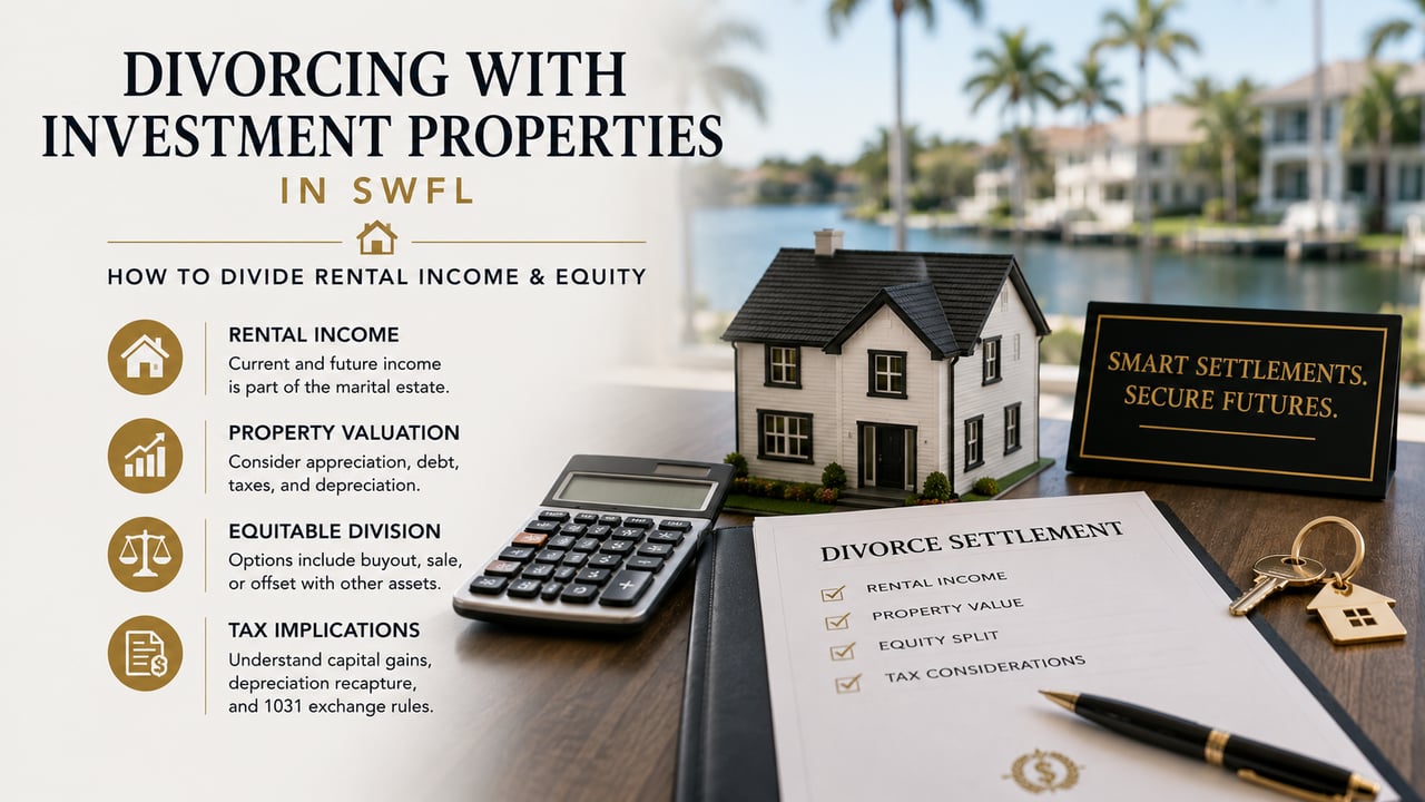 Divorcing with investment properties in Southwest Florida, illustrating rental income, property valuation, equity division, and tax considerations for SWFL real estate.