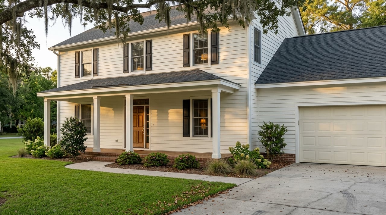 Two-story clapboard house with a porch, garage, and live oak in golden-hour light.