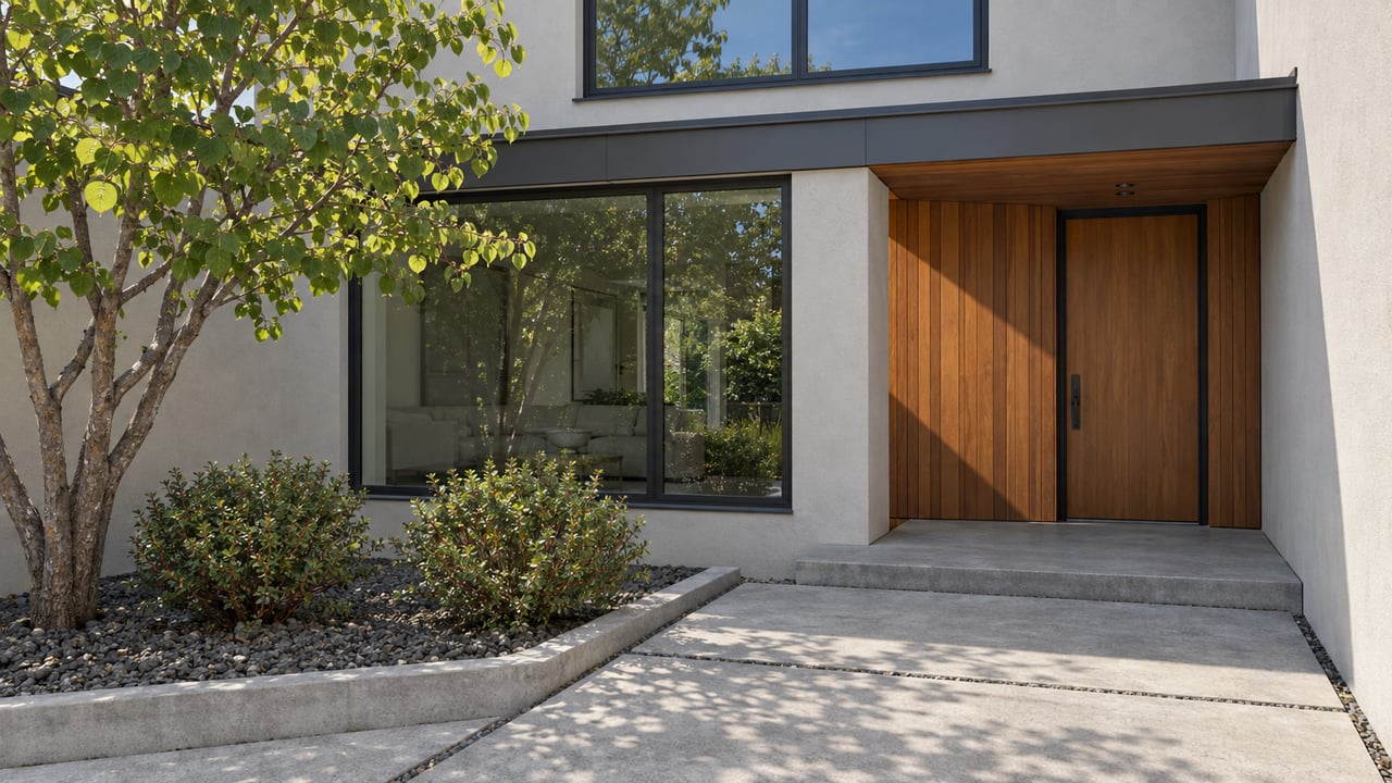 Contemporary attached home with cedar entry cladding, dark-framed windows and a concrete approach beside a western redbud.