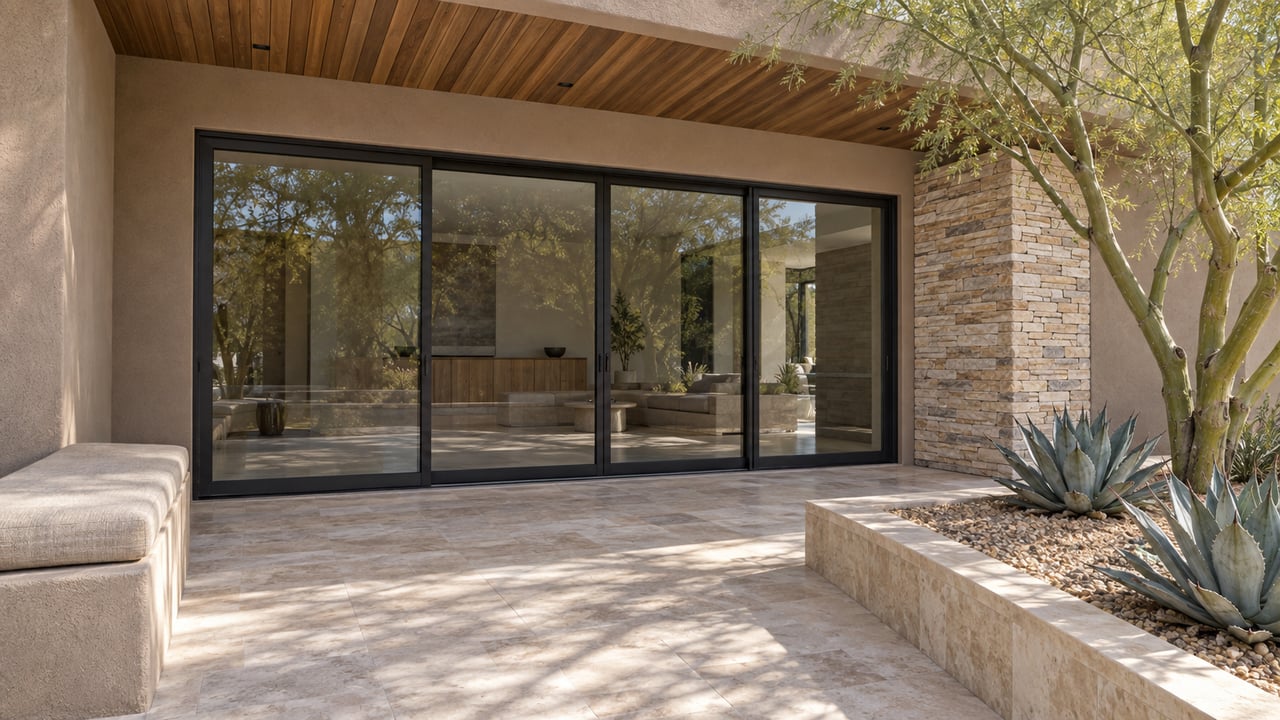 Wood-lined covered patio with closed black-framed glass doors, buff stone, a built-in bench and a raised desert planting bed.