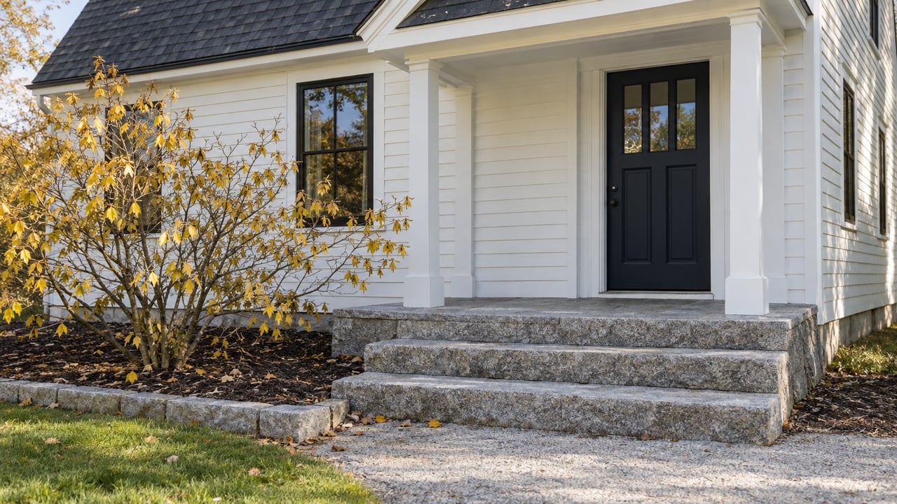 White clapboard house entry with granite steps, a navy door, and a witch hazel with yellow leaves.