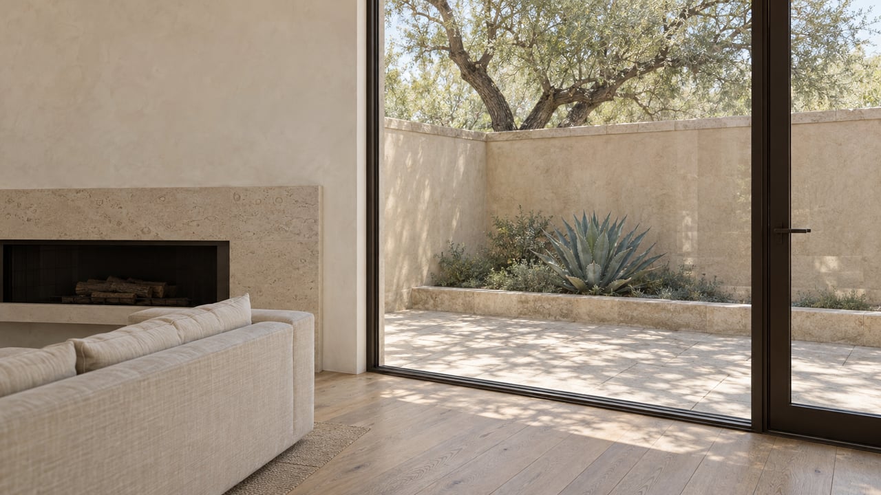 Living room with an oatmeal sofa and limestone fireplace, facing a walled courtyard through closed glass doors.