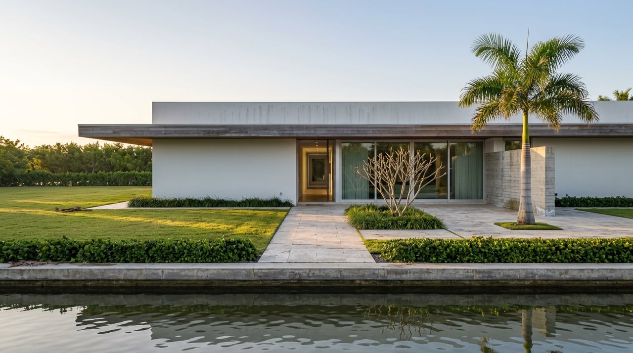 White stucco waterfront home with glass walls and wood soffit, fronted by a travertine terrace and palm-lined lawn.