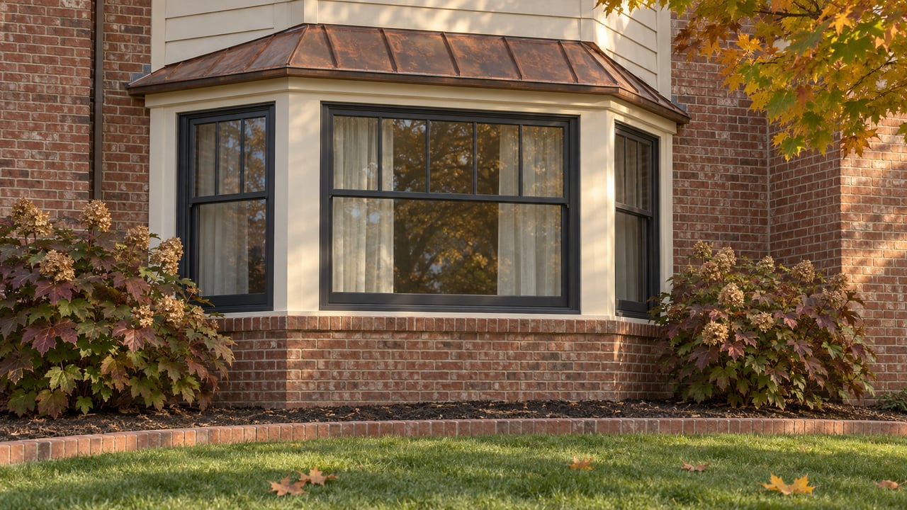Autumn sunlight warms a brick-and-ivory house bay window with an aged copper roof and oakleaf hydrangeas beside a curved brick garden border.