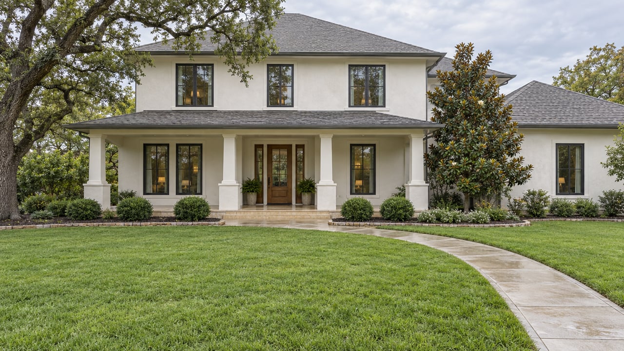 A white stucco home with a broad covered porch, gray shingle roof, deep green lawn, and curved concrete approach beneath mature trees.