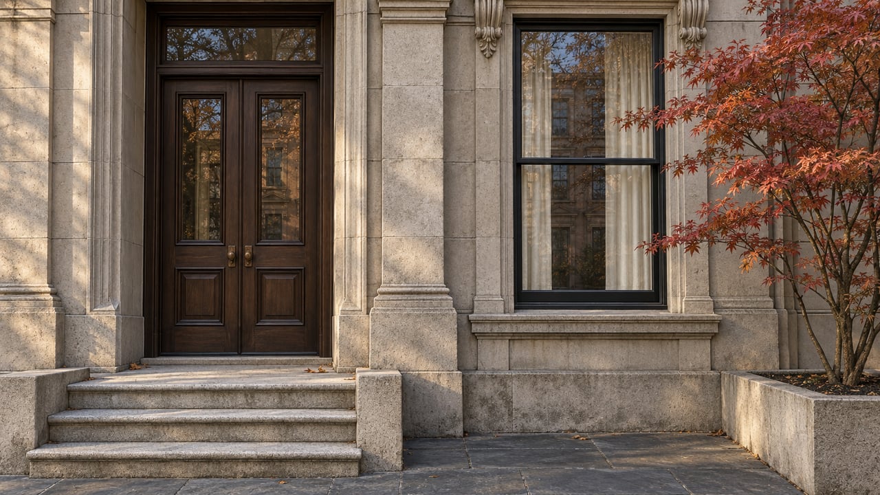 Sunlit limestone townhouse entrance with walnut double doors, a tall sash window and copper-red maple leaves.