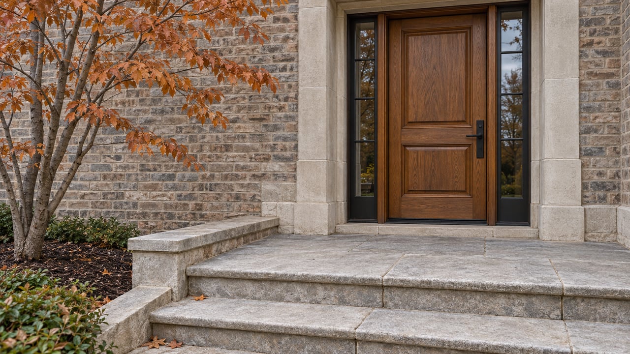 Oak entrance with paired sidelights, pale limestone steps and copper-orange serviceberry leaves against warm grey brick.