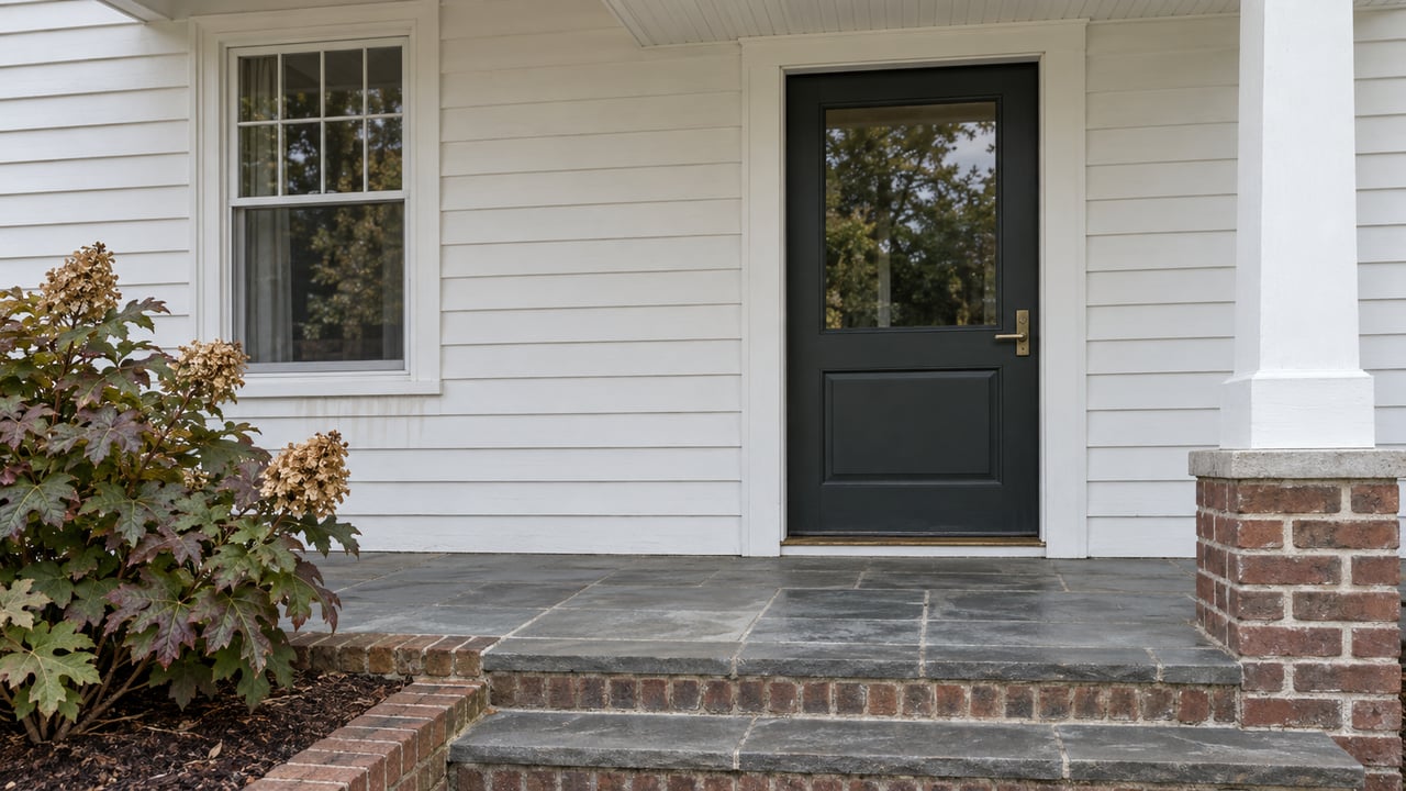 White clapboard home entry with a dark glazed door, tall sash window, weathered bluestone steps and a burgundy-leaved oakleaf hydrangea.