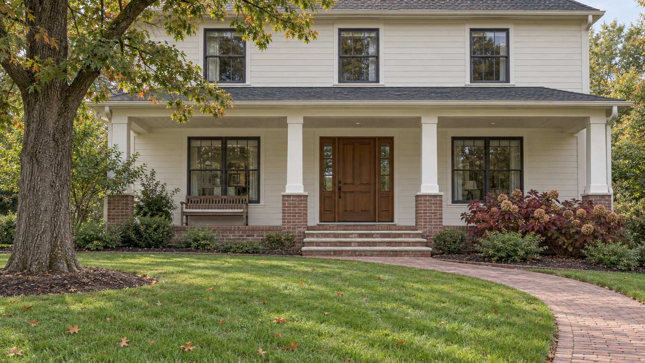 Cream-sided traditional home with a brick porch, oak entry door, deep lawn and oakleaf hydrangeas in early autumn.