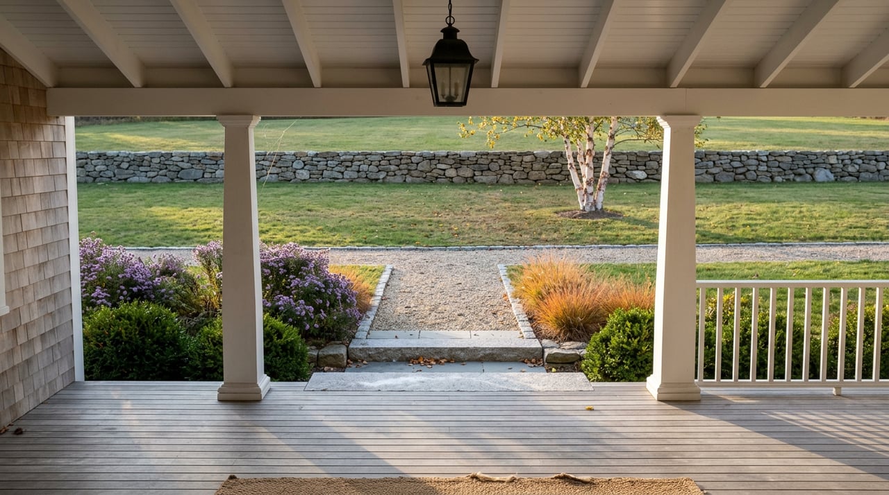 Covered porch with white columns overlooking granite steps, a gravel path, autumn grasses, and a low stone wall.