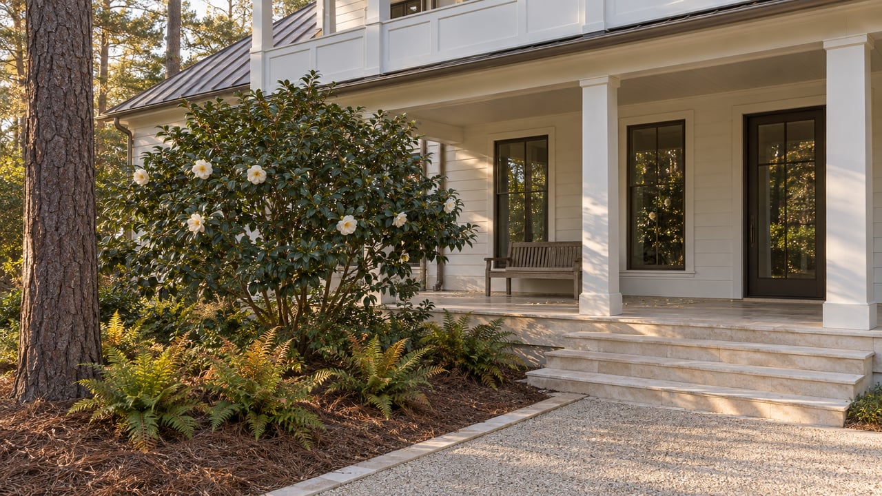 White timber-sided home with a shaded stone porch, bronze-framed windows, and an ivory-flowering camellia beside a shell-aggregate garden path.