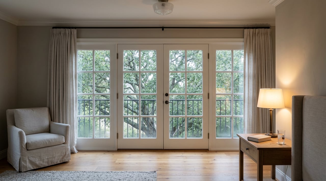 Bedroom with French doors behind sheer curtains, an upholstered chair, and a glowing bedside lamp.