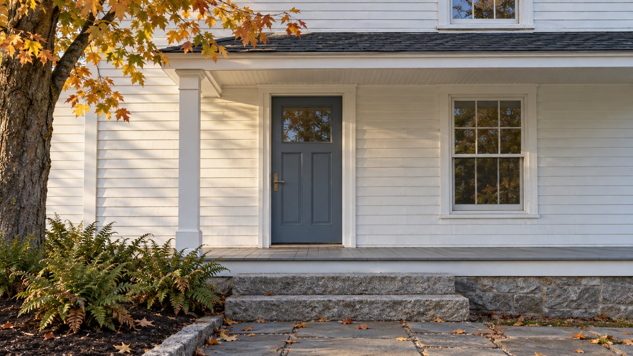 White clapboard home with a slate-blue front door, covered porch, granite steps and amber maple leaves.