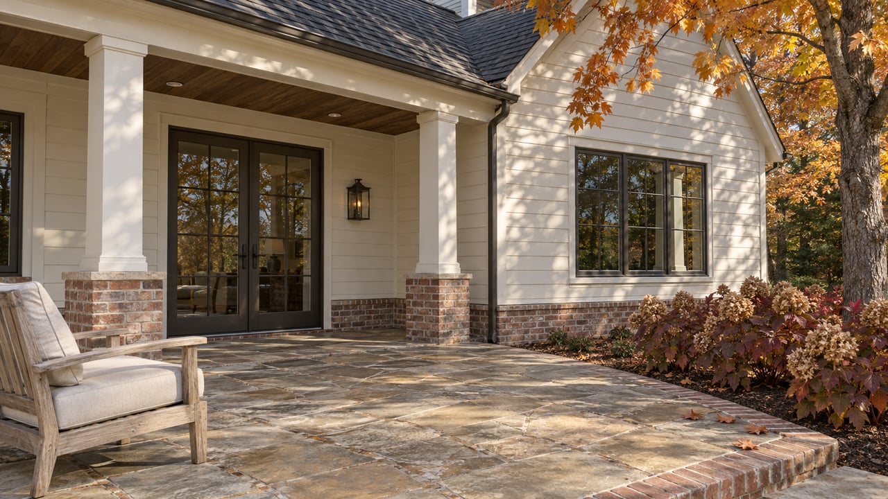 Cream-sided cottage porch with bronze-framed glass doors, limestone terrace, a teak chair and autumn maple foliage.