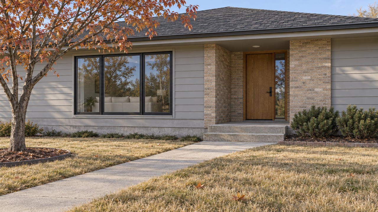 Autumn sunlight on a low-gabled home with pale siding, buff brick entry, black-framed windows and a generous concrete approach.