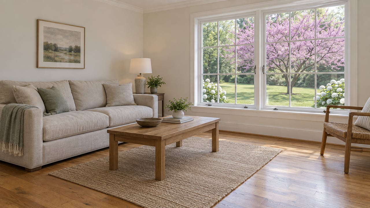 Living room with an oatmeal sofa, oak coffee table, and tall windows overlooking a lawn and small tree.