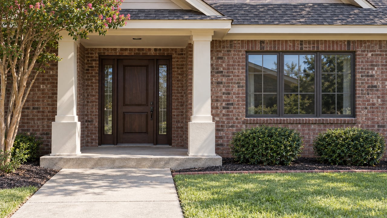 Established brick home with a recessed oak entry, paired porch columns, bronze-framed window and a sunlit concrete approach beside a lawn.