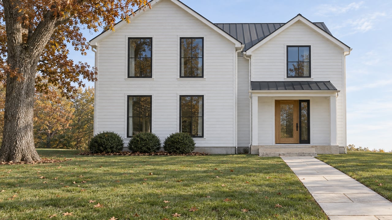 White cedar home with charcoal metal gables, black-framed windows, a limestone entry walk and an autumn oak beside a deep lawn.