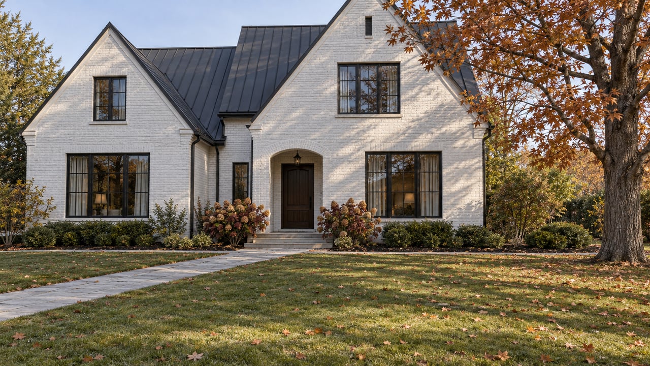 White-painted brick home with steep charcoal roofs, black windows and a limestone approach across a deep autumn lawn beside a copper-leaved maple.