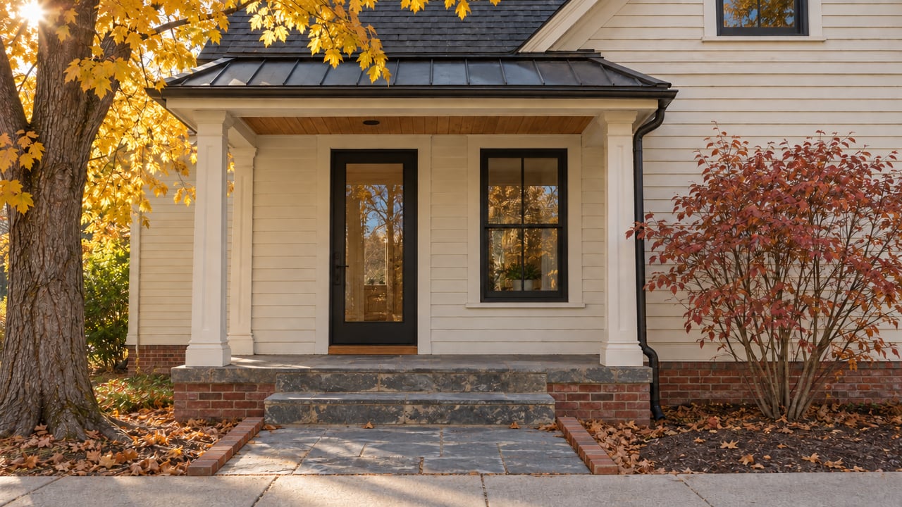 Bluestone cottage approach edged with weathered red brick beside bare planting beds.