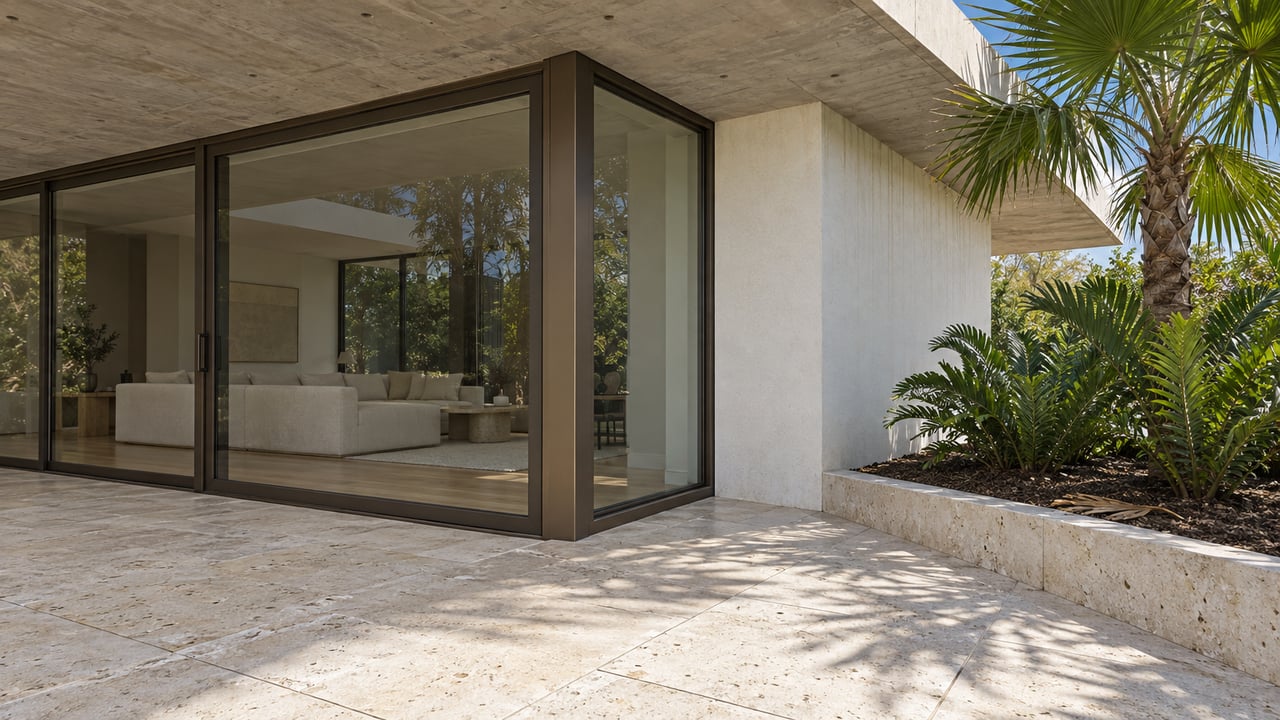 Pale limestone terrace beside bronze-framed glass and white stucco, with a fan palm in a raised stone planter.