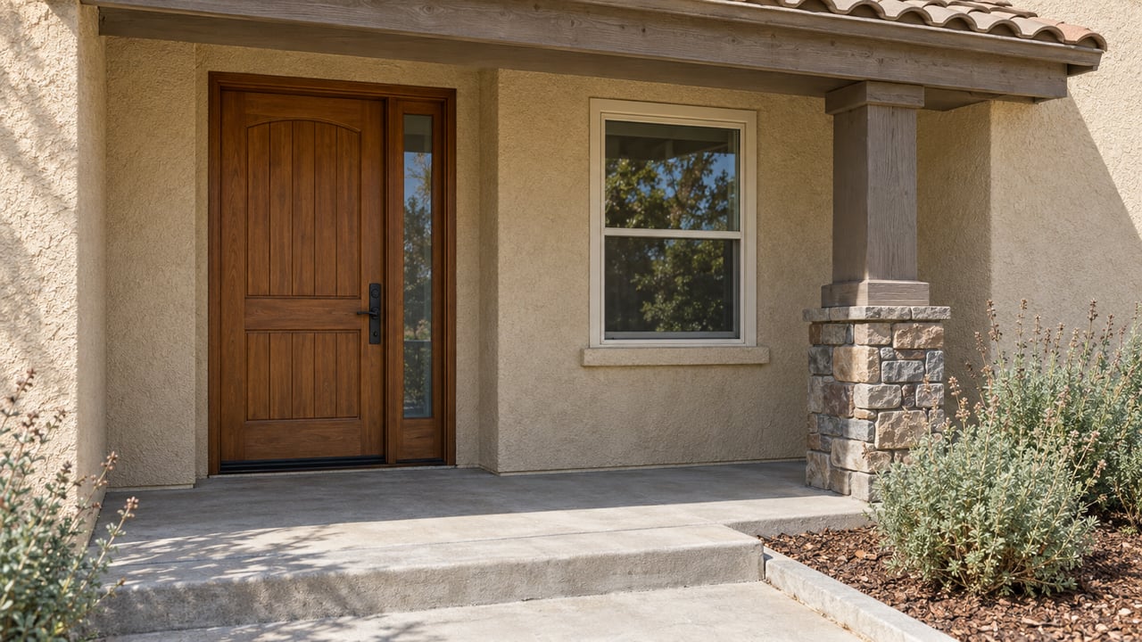 Covered stucco home entry with a wood door, closed window, stone-based porch column and concrete approach beside silver-green sage.
