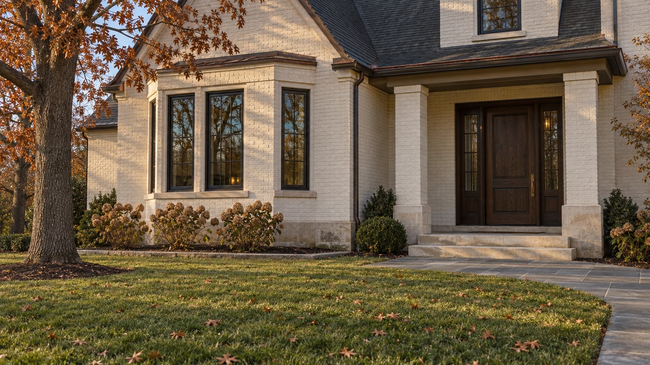 Ivory brick home with a steep gable, black-framed windows, oak entry door and limestone steps beyond an autumn lawn.