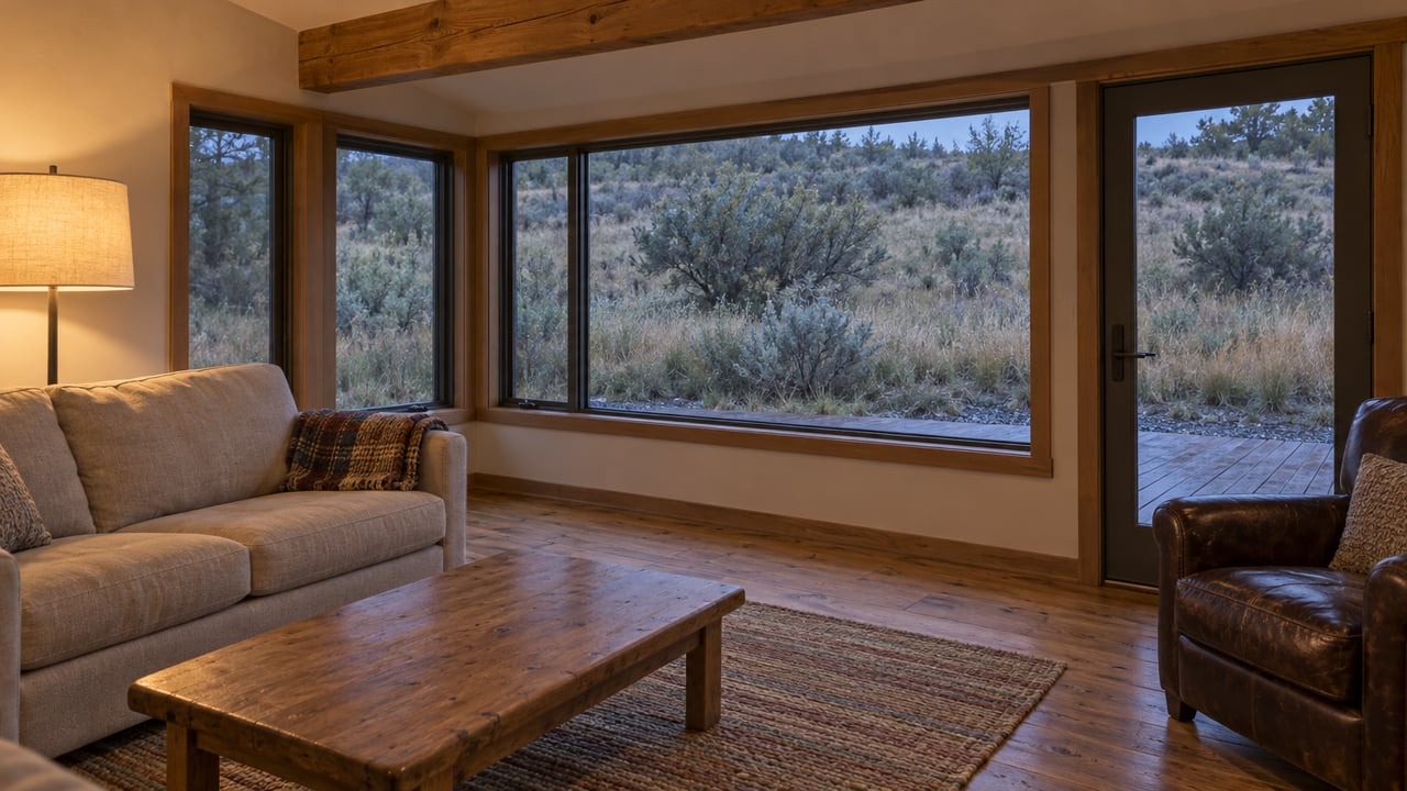 Warm lamplight in a timber-accented living room with wool seating and large windows overlooking a sagebrush meadow at dusk.