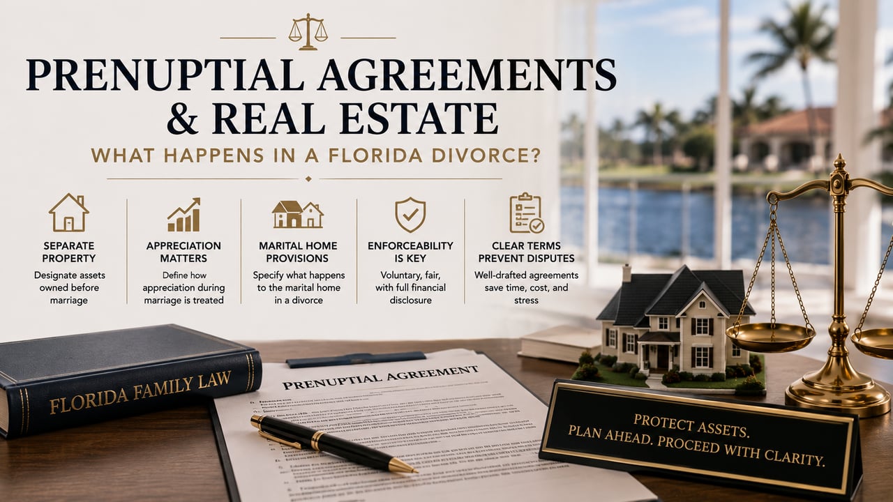 Learn how Florida prenuptial agreements affect real estate during divorce, including separate property, marital homes, property appreciation, and enforceability.