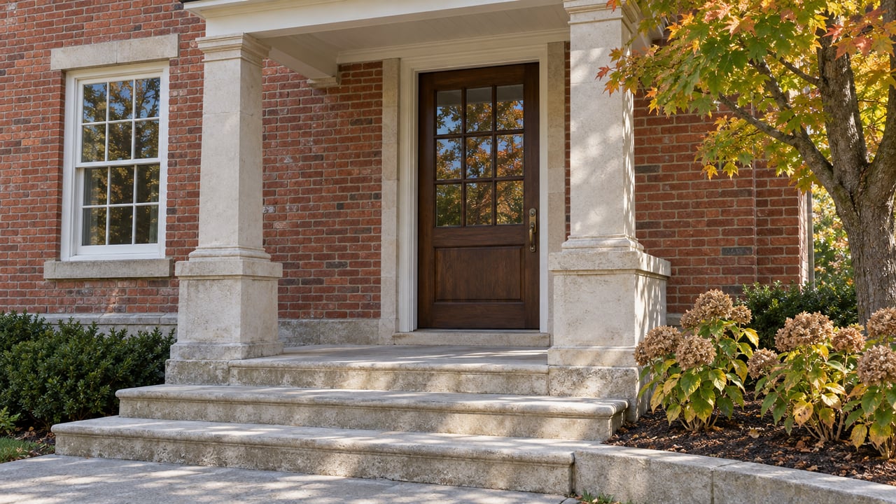 Red brick home entrance with paired limestone porch piers, a glazed oak door, worn stone steps, and autumn maple foliage.