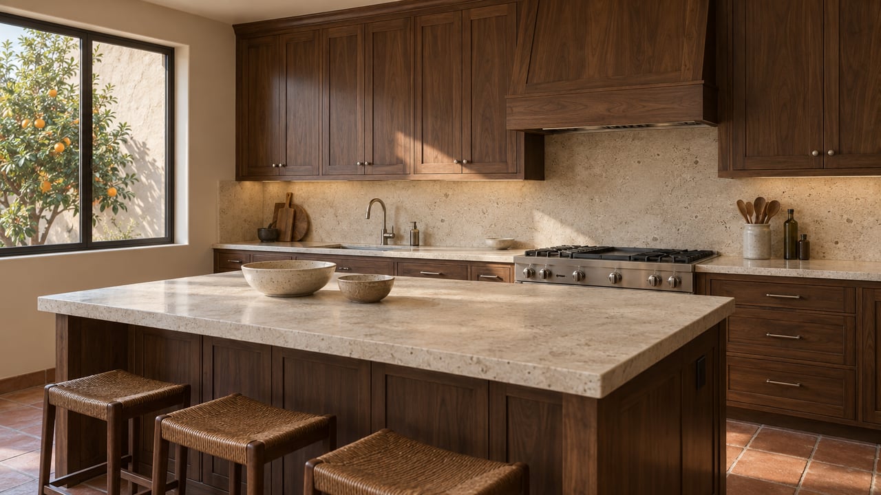 Residential kitchen with a walnut island, limestone backsplash, and a sealed window overlooking a citrus tree.