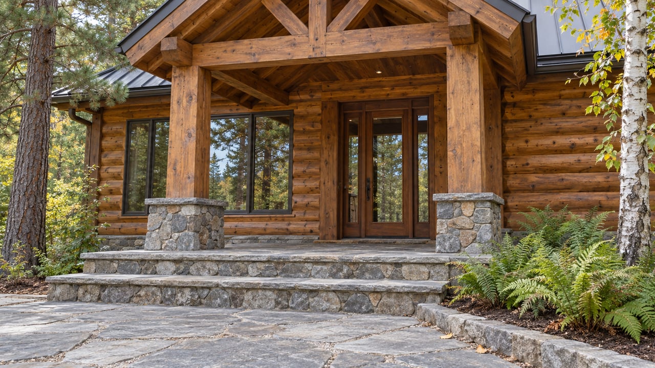 Timber home entrance with a covered porch, broad stone steps, and birch and white pine beside a flagstone approach.
