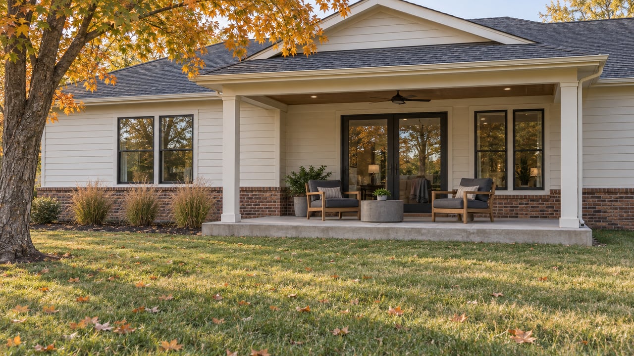 Autumn lawn leading to a covered concrete patio and ivory-sided ranch home with brick foundation and dark-framed windows.