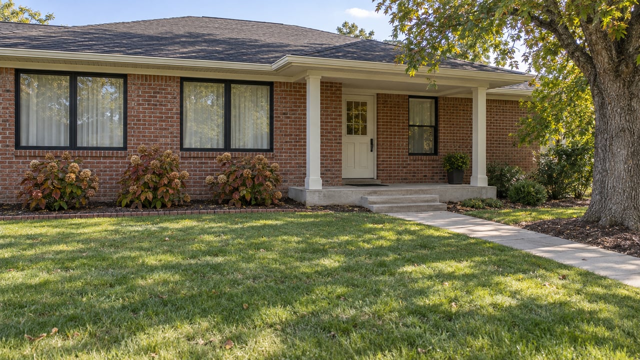 Brick ranch home with a charcoal roof, raised front porch, deep lawn, mature oak, and autumn oakleaf hydrangeas.
