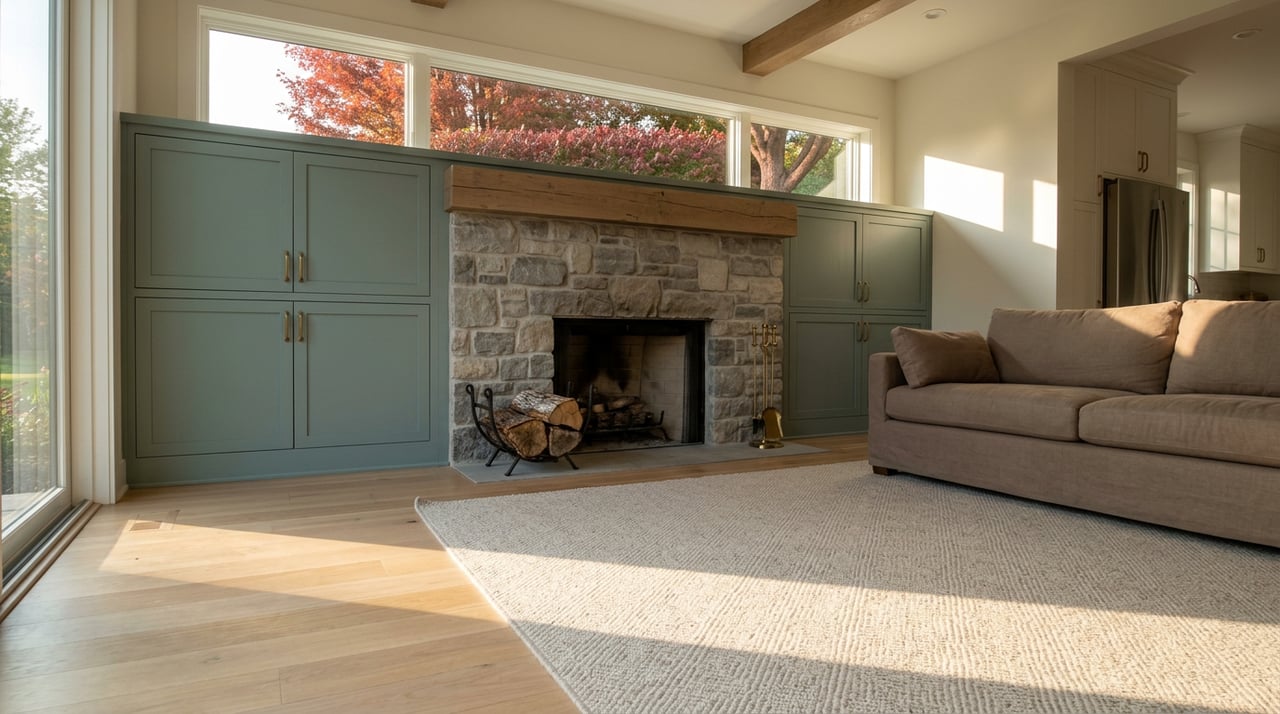 Fieldstone fireplace with sage-teal built-ins, a taupe sofa, and red-orange maple foliage visible through the windows.
