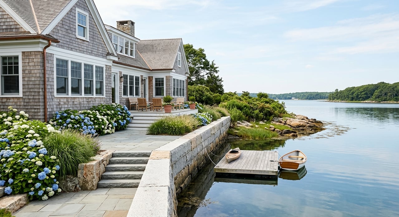 Bluestone terrace steps lead to a granite bulkhead and floating dock beside a gray-shingled home.