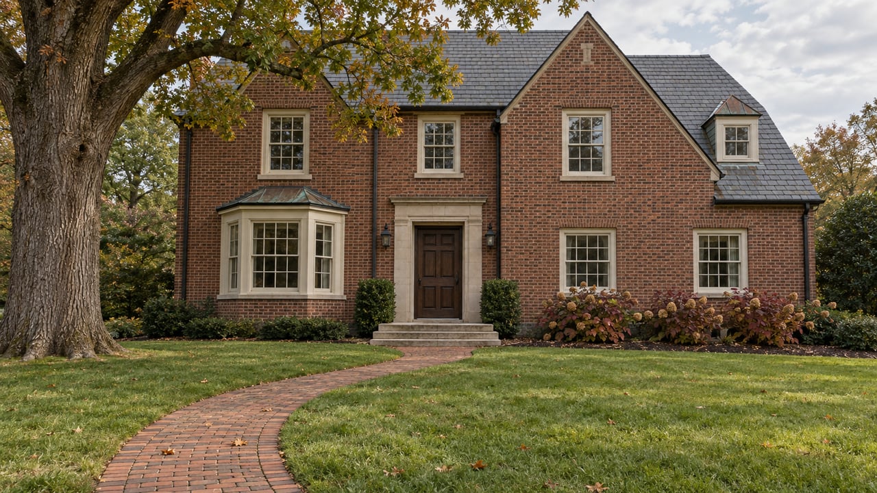 Red-brown brick home with slate gables, an ivory bay window and stone entry beyond a broad autumn lawn and curved brick walk.
