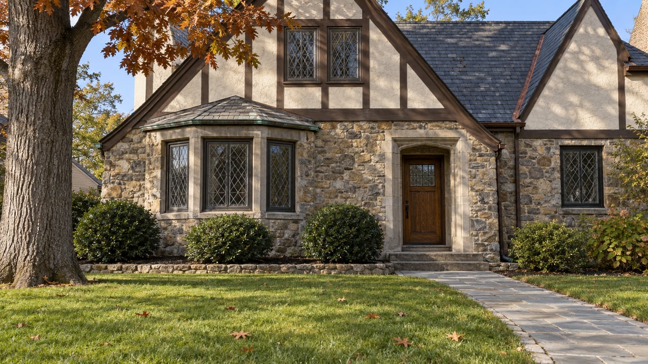 Autumn sunlight on a stone-and-stucco home with leaded windows, a bluestone entry walk and an oak beside the lawn.