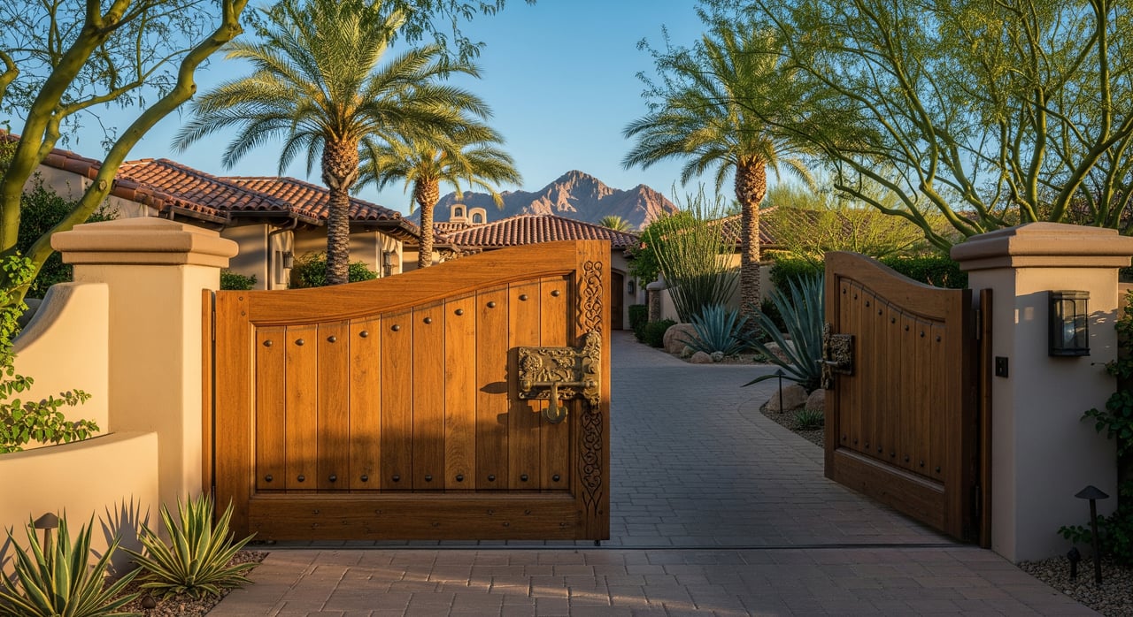 Open wooden gates lead to a desert home framed by palm trees, agave, and rugged mountains.